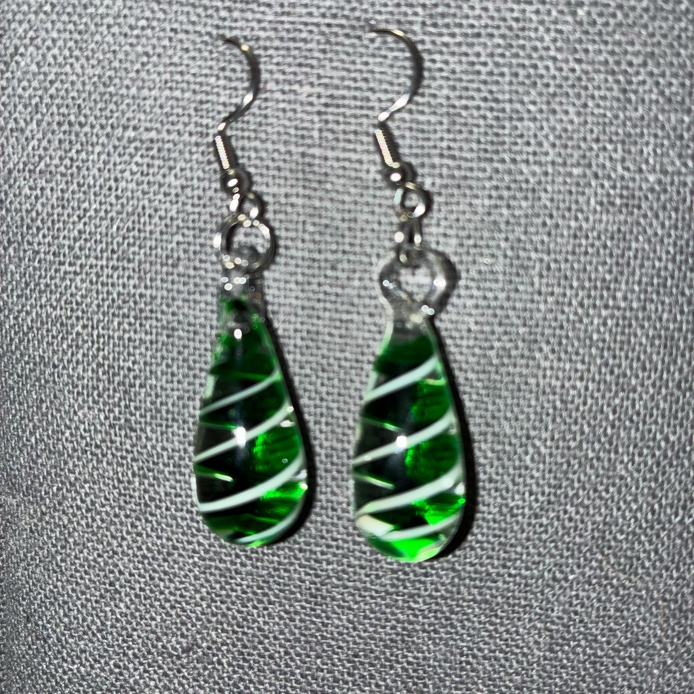 Elegant Green  and Silver Tempered Glass Swirl Earrings